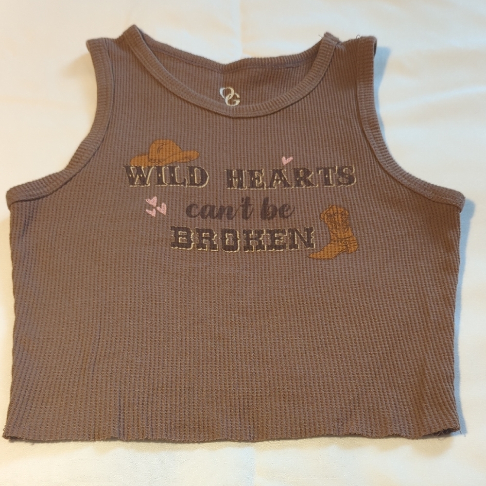 XS Brown Cropped Tank Top with "Wild Hearts Can't Be Broken" Print